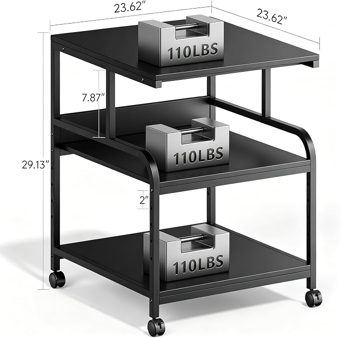 Warmiehomy Printer Stand, 24''×24''×29'' Large Printer Table for Home Office with Locking Casters, Sturdy 3-Tier Rolling Cart with Adjustable Shelf, Mini Fridge Stand, Home Office Essentials, Black