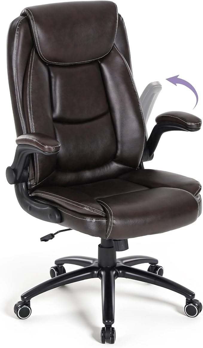 400lbs Capacity Executive Desk Chair with Ergonomic Lumbar Support, Flip-up Arms & High Back Leather Computer Chair for Home/Office, Brown