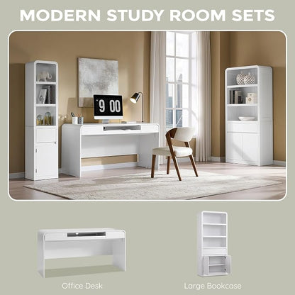 63" Modern Computer Desk with 2 Drawers, Wood Curved Executive Desk with Keyboard Tray & Power Outlet, Writing Desks with Storage for Home Office, Study Room, Living Room (White)