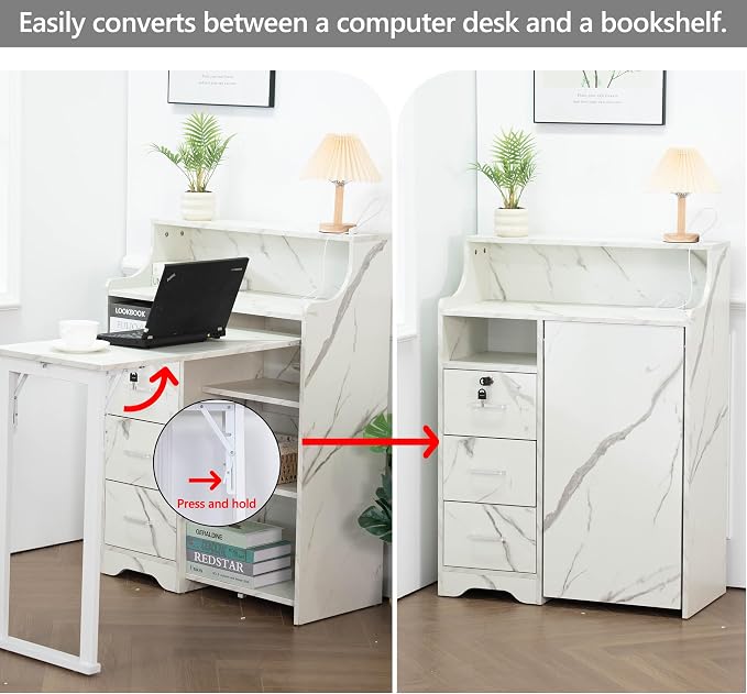 Fold Out Desk with Storage, Hidden Desk with Lockable Drawers & Shelves, Built-in Power Outlet,Folding Desk for Study and Home Office (Marble-Effect White)