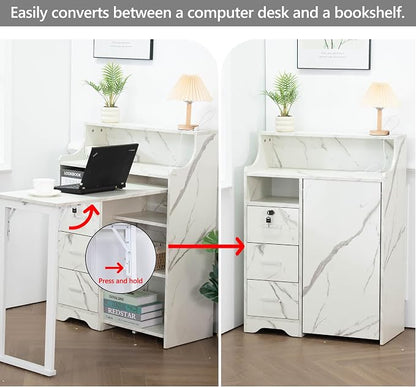 Fold Out Desk with Storage, Hidden Desk with Lockable Drawers & Shelves, Built-in Power Outlet,Folding Desk for Study and Home Office (Marble-Effect White)