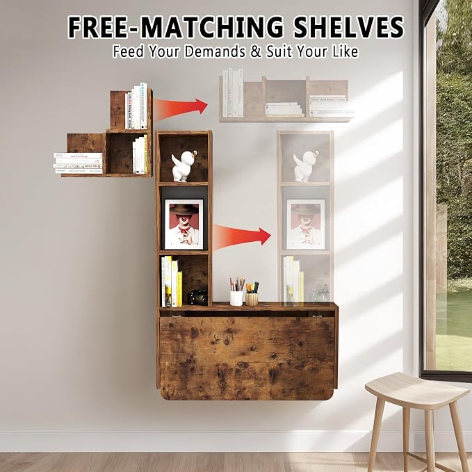 Folding Wall Mounted Drop Leaf Table, Foldable Desk with Moveable Cabinets, Floating Laptop with Convertible Storage Shelves, Multifunctional Computer Workstation in Home for Space Saving