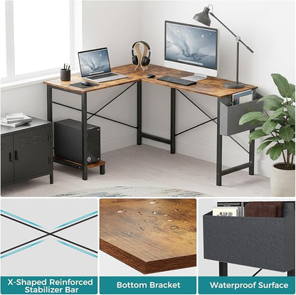 OLIXIS L Shaped Desk, 50-Inch Office Computer Gaming Desks Corner PC Table with Side Bag and Reversible Shelf for Home Work Study Writing Rustic Brown