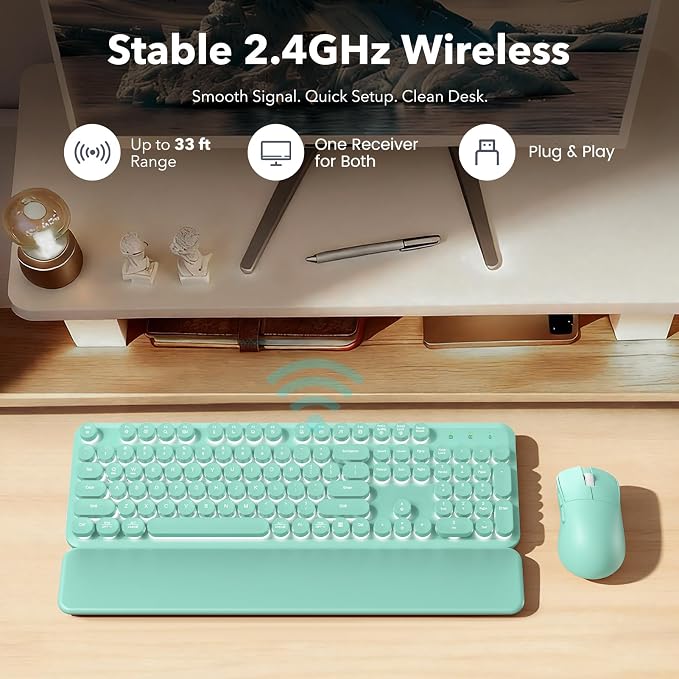 Wireless Keyboard and Mouse Combo, Backlit Round Keycaps, Retro Typewriter Keyboard with Detachable Wrist Rest, Rechargeable & Tilt Legs, 2.4GHz Cordless Connection for Windows/PC (Glowing Turquoise)