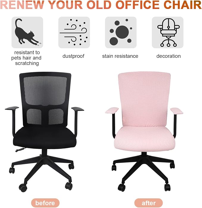 Tatuo 3 Pcs Computer Office Chair Cover Universal Rotating Chair Slipcovers Protector Removable Washable Office Armrest Covers with Zipper for High Back Seat Backrest(M,Waffle,Pink)
