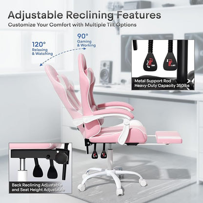 Athena Collection Gaming Chair, Ergonomic Gaming Chair with Footrest & Headrest Lumbar Support, Height Adjustable Swivel Computer Chair Office Chair for Adults (Pink)
