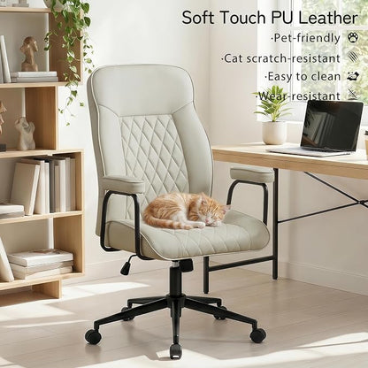 Furniliving Leather Office Chair, Comfy Home Office Desk Chair, Mid Century Modern Office Chair with Lumbar Support, Mid-Back Adjustable Swivel Computer Chair with Wheels and Arms, Light Grey