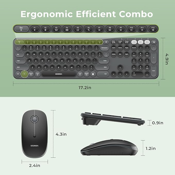 seenda Wireless Bluetooth Keyboard Mouse Combo, COE202 Retro Cute Round Keyboard, Silent Mouse, 3 Multi-Device Connection, Full Size Compatible for PC/Laptop/Mac/MacBook/iPad/Tablet, Black