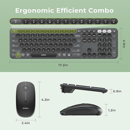 seenda Wireless Bluetooth Keyboard Mouse Combo, COE202 Retro Cute Round Keyboard, Silent Mouse, 3 Multi-Device Connection, Full Size Compatible for PC/Laptop/Mac/MacBook/iPad/Tablet, Black