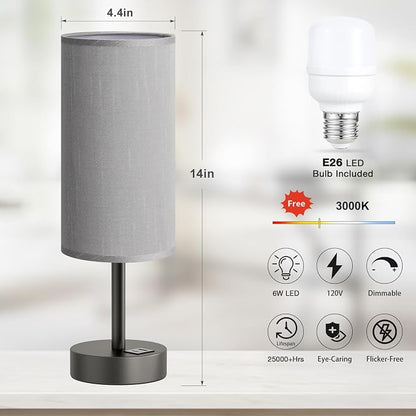 Dicoool Small Touch Bedside Lamp with USB - 3 Way Dimmable Grey Table Lamp for Bedroom, Nightstand Lamp with Charging Station for Desk Dorm, Office