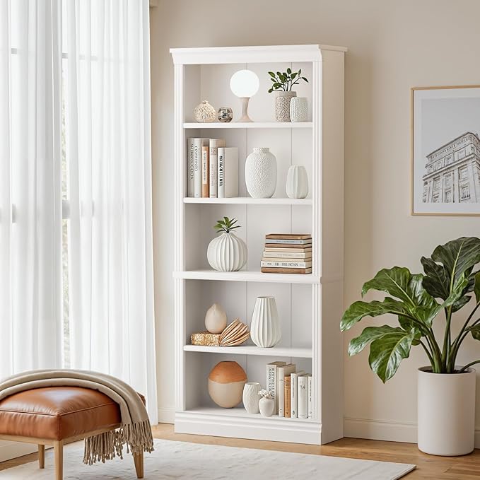 Furniwell Bookcase Bookshelves, 5-Shelf Tall Bookcase 71" Wood Open Display Floor Bookshelf, Large Storage Organizer for Library, Bedroom, Living Room (White)
