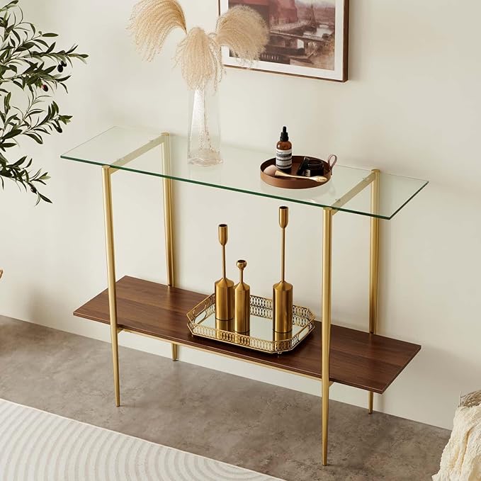 LumFurn Glass Console Table for Living Room, Foyer & Entrance, 2-Tiers Mid-Century Modern Sofa Table with Clear Glass Top, Walnut Finish Wood Top and Gold Finish Metal Frame