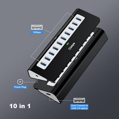 Powered USB Hub, intpw 10 Port USB 3.1 Hub with 10Gbps Data Transfer, 36W(12V/3A) Power Adapter, USB Type A and Type C Cable, Grey USB Hub for Laptop, MacBook and Desktop Computer