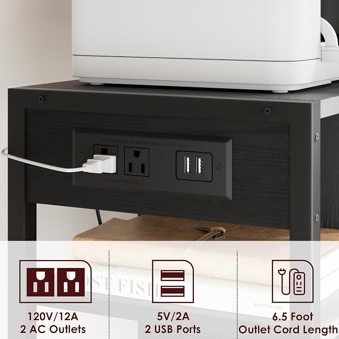 GarveeLife Small Printer Stand with Power Outlets, Rolling Printer Table with Lockable Wheels, Under Desk Printer Cart with Storage, Utility Storage Cart for Home, Office, Black