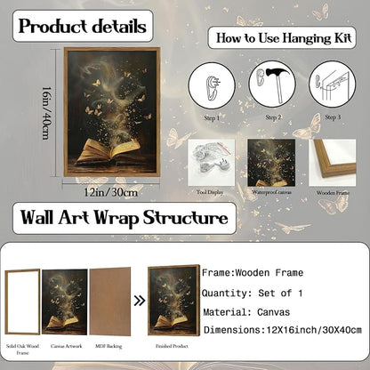 Vintage Book Butterfly Canvas Wall Art, Victorian Bookish Picture Wall Decor, Dark Academia Aesthetic Prints Paintings for Reading Nook Living Room Bedroom Office Library Bookstore 12x16 in Framed