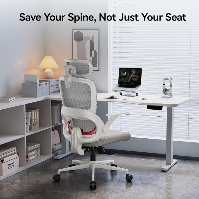 SIHOO B100 SE Office Chair, Desk Chair with Adaptive Lumbar Support & 2D Flip-up Armrests, 135° tilt Soft Memory Foam Erogonomic Chair for Home Office,Hold 300 LBS-White