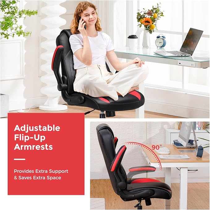 GTPLAYER Office Computer Gaming Chair Ergonomic Desk Chair for Adults with Lumbar Support Flip-Up Arms Adjustable Height Swivel Wheels PU Leather Executive Design for Short People Use, RED
