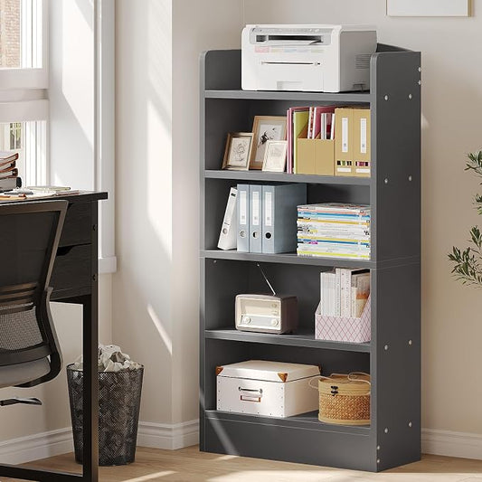 ALISENED 5-Tier Bookcase, Open Bookshelves and Bookcases with Storage Shelves, Floor Standing Unit, Display Storage Shelves for Bedroom Library Living Room Home Office, Dark Gray