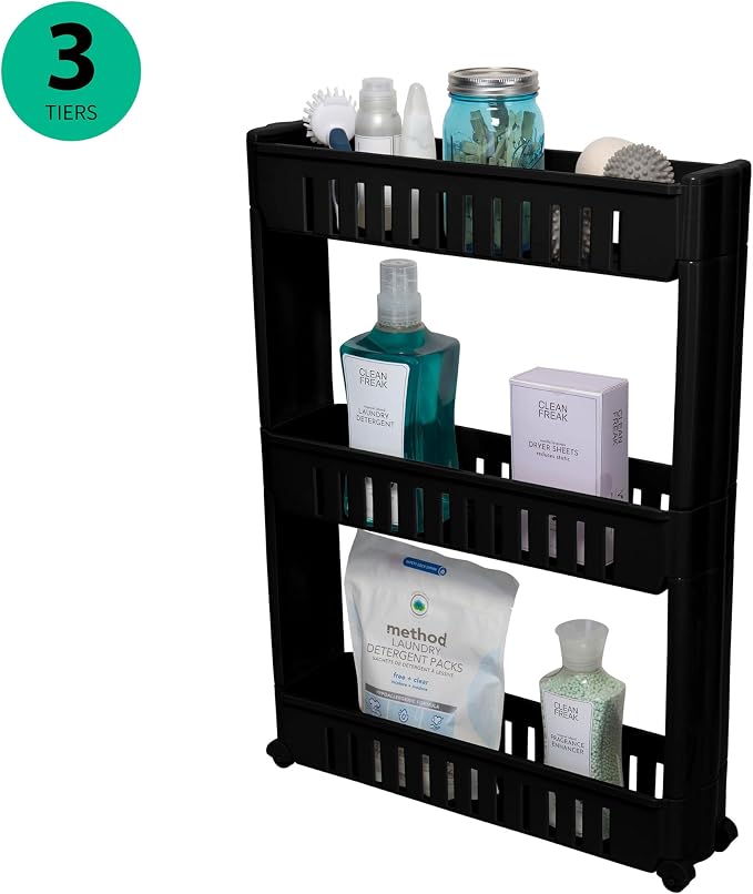 Simplify 3 Tier Slim Slide Out Storage Cart | Multi-Purpose Organization | Rolling | Wheels | Small Space | Laundry Room | Kitchen | Bathroom | Office | Matte Black