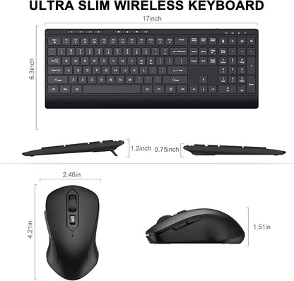 Wireless Keyboard and Mouse Combo, Full Size Quiet Key Computer Keyboard and Cordless Mice with 3 DPI Adjustable, 2.4G Lag-Free, Long Battery Life, Compatible with Windows and Mac Systems, Black