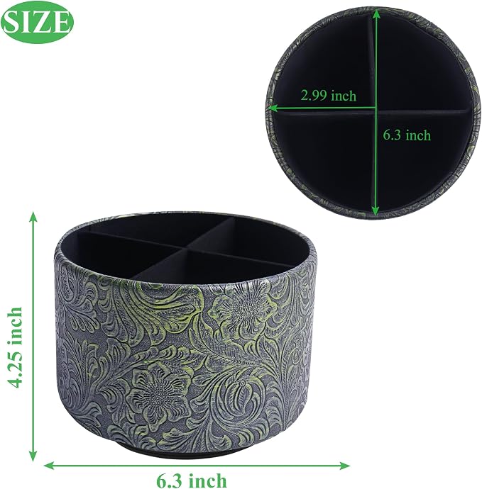 lizimandu Round Leather Art Supply Organizer,Remote Control Holder,360 Degree Spinning,Multi-Functional Pencil Holder,4 Compartments Desktop Stationary Organizer(1-Carved Metal Green2)