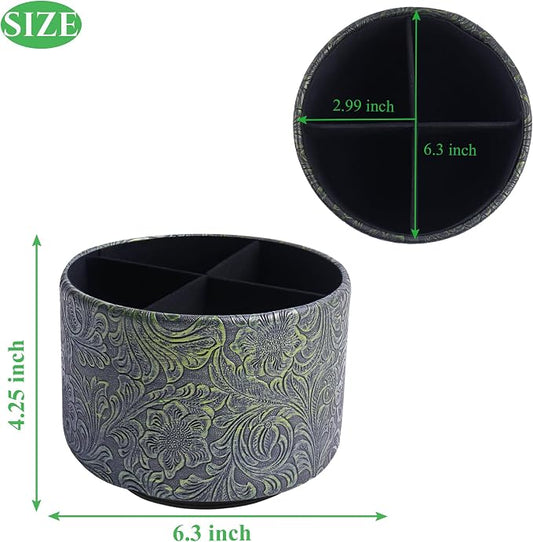 lizimandu Round Leather Art Supply Organizer,Remote Control Holder,360 Degree Spinning,Multi-Functional Pencil Holder,4 Compartments Desktop Stationary Organizer(1-Carved Metal Green2)