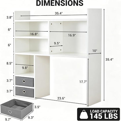 deli Desktop Bookshelf, High-Capacity Desk Hutch Organizer with 7 Shelves and 2 Drawers for Computer Desk, Desk Shelf Organizer for Dorm Office Home, White