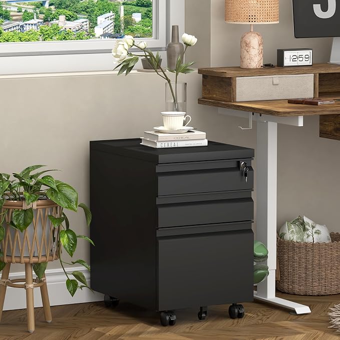 Filing Cabinets for Home Office, Printer Table with Caster, Lockable Office Cabinet with 3 Drawer, Small File Cabinet for Letters/A4, No Assembly Required, Black