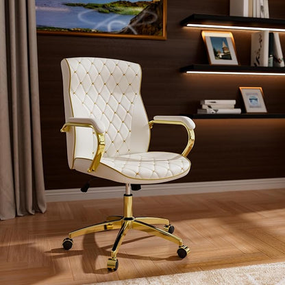 HomeZeer White and Gold Office Chair, Luxury Leather Executive Desk Chair | Elegant Timeless Appeal, Vintage Mid Back Styling with Wheels and Padded Arms, Thick High Density Foam Comfort