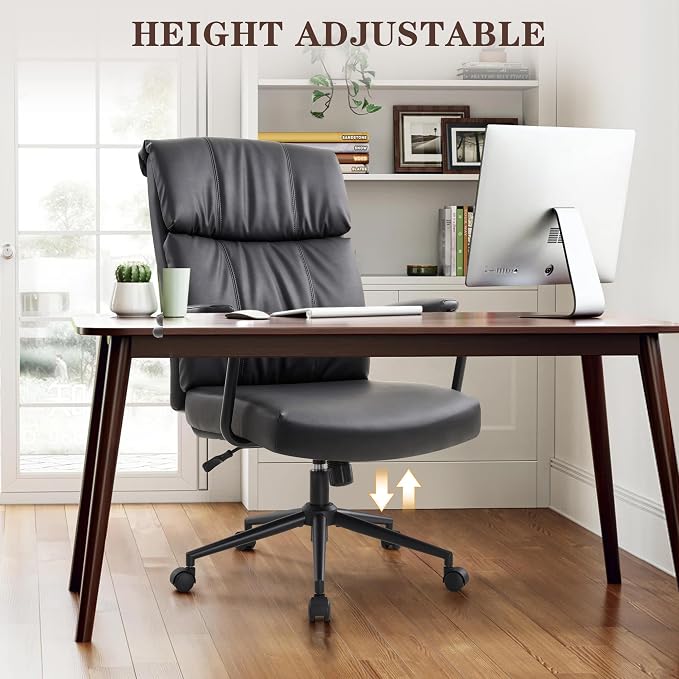 IWMH Home Office Desk Chair, Comfy Ergonomic Mid Century Modern Faux Leather Fabric Office Chair with Lumbar Support, Adjustable Height High-Back Swivel Computer Chairs, (Black)
