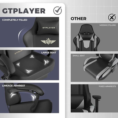 GTPLAYER Big and Tall Gaming Chair 400lbs Heavy Duty Office Chair with Footrest, High Back Pocket Spring Ergonomic Computer Chair for Adults, Wide Seated Cushion with Linkage Armrests, Leather Black