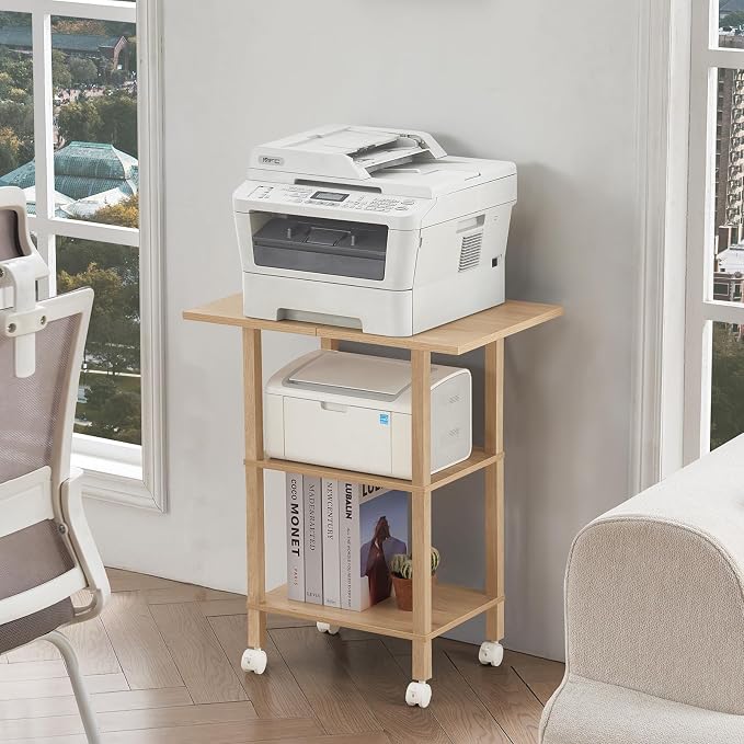 YUFAM 3 Tier Home Printer Stand with Storage, Wooden Mobile Printer Table Shelf, Rolling Printer Cart Shelf with Lockable Wheels fit Fax Machine, Scanner, Natural