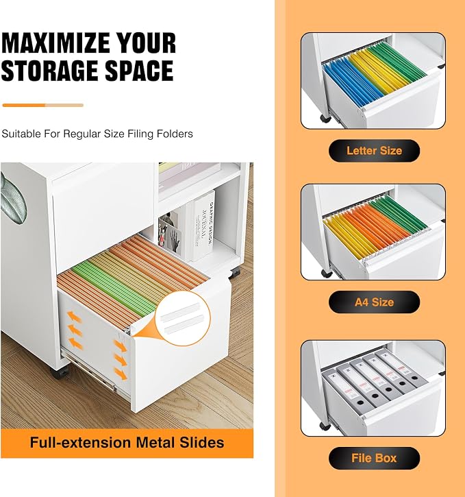 Storage Filing Cabinets Office Drawers White Rolling File Cabinet Printer Stand Lateral Mobile Under Desk Organizer Lateral Filing Cabinet with Wheels Adjustable Shelves Printer Table for Home Office