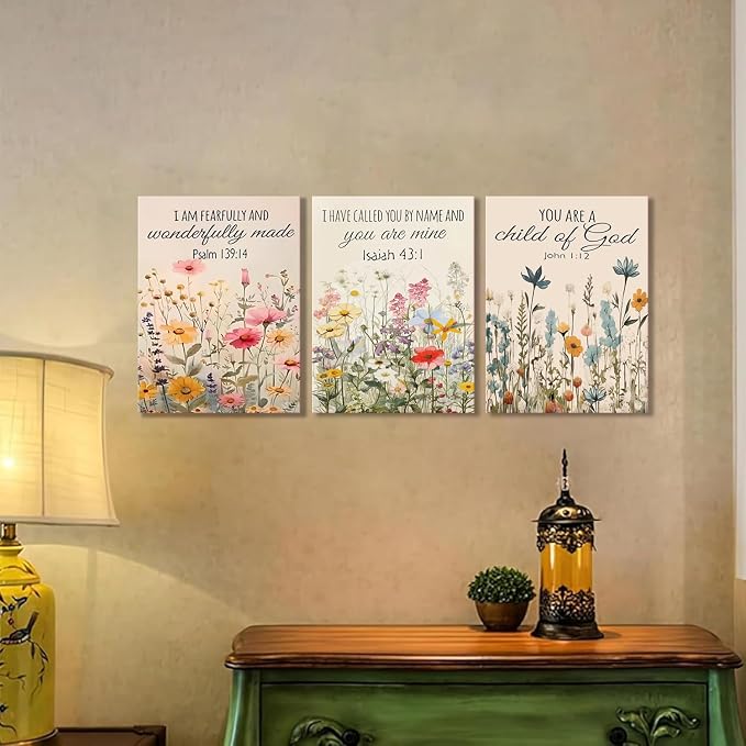 3Pcs Christian Floral Scripture Canvas Wall Art, Wildflower Bible Verse Posters Wall Decor, Psalm Religious Faith Art Pictures Prints for Living Room Bedroom Decorations 12x16in Framed