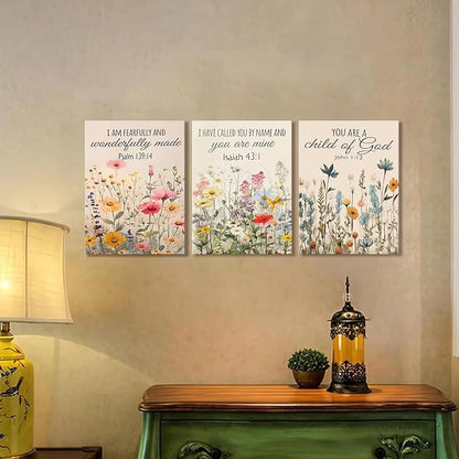 3Pcs Christian Floral Scripture Canvas Wall Art, Wildflower Bible Verse Posters Wall Decor, Psalm Religious Faith Art Pictures Prints for Living Room Bedroom Decorations 12x16in Framed