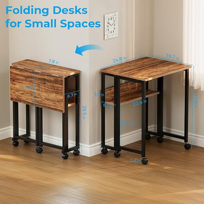 GreenForest Folding Desk with Wheels, 24.8 Inch Compact Rolling Computer Table with Storage Shelf, Portable Mobile Workstation for Small Spaces, Easy Assembly,Walnut
