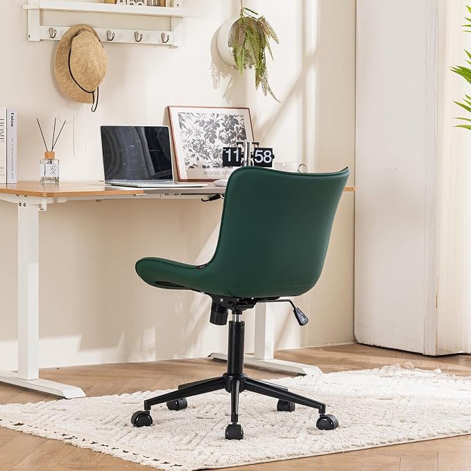 YOUTASTE Dark Green Armless Office Chair, Modern Adjustable Swivel Desk Chair with Wheels, Upholstered PU Leather, Black Metal Legs, Back Support for Home Office, Study, Vanity, Bedroom