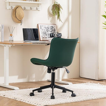 YOUTASTE Dark Green Armless Office Chair, Modern Adjustable Swivel Desk Chair with Wheels, Upholstered PU Leather, Black Metal Legs, Back Support for Home Office, Study, Vanity, Bedroom
