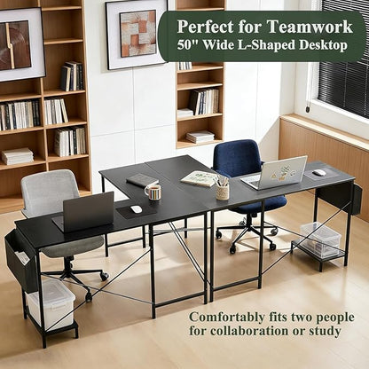 L Shaped Desk, 50 Inch Reversible Computer Desk Corner Gaming Table with CPU Stand & Storage Bag, Sturdy Metal Frame PC Workstation for Home Office, Black Wood
