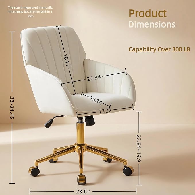 Velvet Home Office Desk Chair, Modern Cute Computer Task Chair with Back, Height Adjustable Upholstered Vanity Chair with Swivel Wheels for Women, Girls (Gold Base, Cream