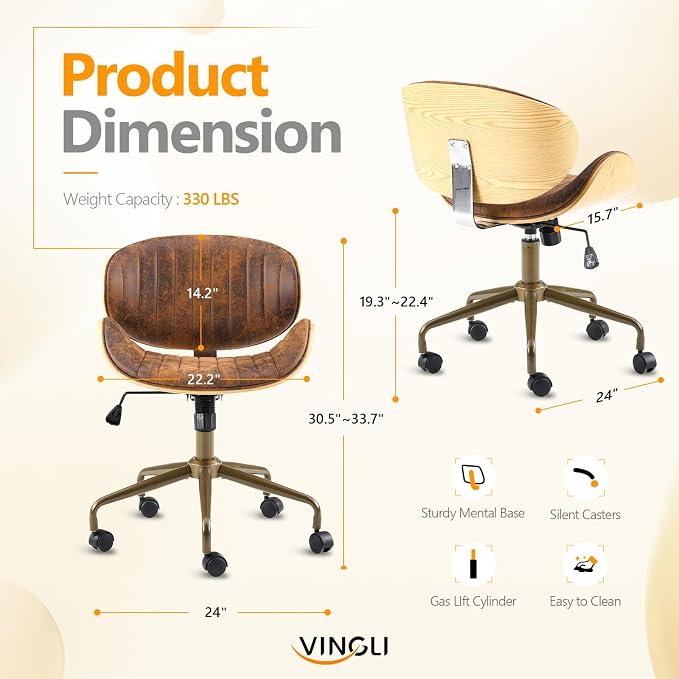 VINGLI Wide Comfotable Swivel Home Office Chair with Wood-Grain Curved Shell,Ergomomic Mid-Back Padded Armless Modern Desk Chair with Wheels,Height Adjustable for Computer,Task,Work,Microfiber,Rustic