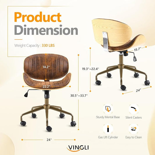 VINGLI Wide Comfotable Swivel Home Office Chair with Wood-Grain Curved Shell,Ergomomic Mid-Back Padded Armless Modern Desk Chair with Wheels,Height Adjustable for Computer,Task,Work,Microfiber,Rustic