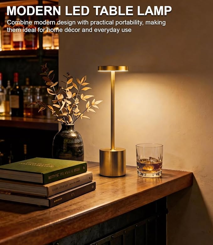 Swinerton Gold Cordless Table Lamp Set, 5000mAh Rechargeable Battery Operated Desk Lamp Wireless Table Light, 3 Color Dimmable Touch Lamp for Restaurant Dining Patio, Home/Apartment Decor