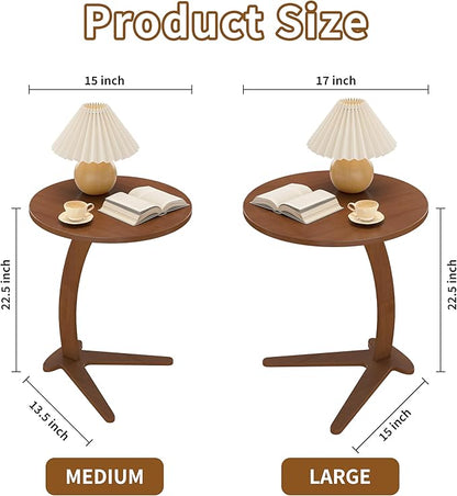 C Shaped End Table, Small Round Side Table for Couch, Slide Under Sofa Tray Desk for Living Room Bedroom, Solid Wood TV Tray Table for Narrow Space (17” Chestnut)