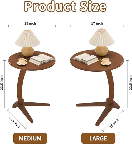 C Shaped End Table, Small Round Side Table for Couch, Slide Under Sofa Tray Desk for Living Room Bedroom, Solid Wood TV Tray Table for Narrow Space (17” Chestnut)