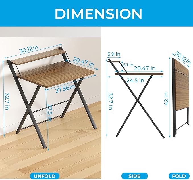 GreenForest Folding Desk No Assembly Required, 2 Tier Computer Desk with Monitor Shelf, 30 Inch Foldable Home Office Table for Work from Home Apartment Dorm Study Room, Espresso