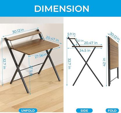 GreenForest Folding Desk No Assembly Required, 2 Tier Computer Desk with Monitor Shelf, 30 Inch Foldable Home Office Table for Work from Home Apartment Dorm Study Room, Espresso