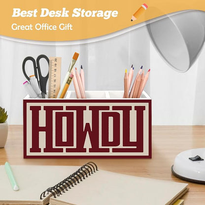Retro Howdy Western Pen Holder Organizer for Desk Accessories, Western Gifts for Women Men, Neutral Minimalist Southwestern Wooden Box Sign Desk Decorations for Home Office Decor