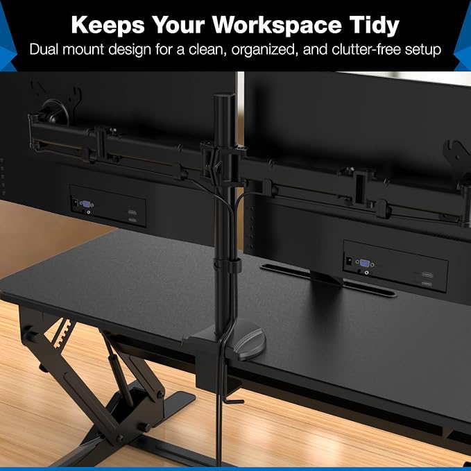 Mount-It! Standing Desk Converter Dual Monitor, 2 Screen Mounts Included, Height Adjustable Desk Riser in Black, Stand Up Desk Convertor Large 36" Wide, Sit Stand Convertor with Manual Lift Gas Spring