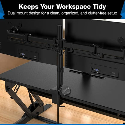 Mount-It! Standing Desk Converter Dual Monitor, 2 Screen Mounts Included, Height Adjustable Desk Riser in Black, Stand Up Desk Convertor Large 36" Wide, Sit Stand Convertor with Manual Lift Gas Spring